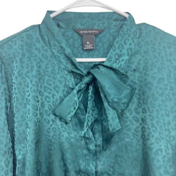 Investments Womens XL Green Leopard Print Satin Blouse Bow Tie Neck/Gold Button - Picture 7 of 12